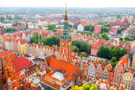 Aerial cityscape view on the old town of Gdansk in Poland