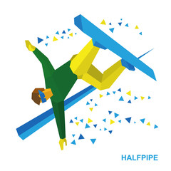 Winter sports - snowboard halfpipe. Cartoon snowboarder performs a trick. Athlete on snowboard during a jump, isolated on white background. Flat style vector clip art.