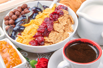 French breakfast on a wooden tray