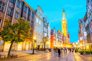Night view on the illuminated town hall in the old town of Gdansk, Poland
