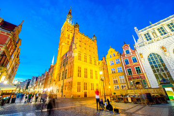 Night view on the illuminated town hall in the old town of Gdansk, Poland