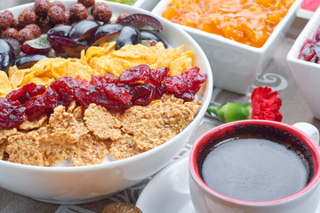 French breakfast on a wooden tray