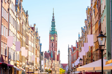 Morning view on the central street with town hall in the old town of Gdansk, Poland © rh2010
