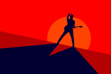 Silhouette of a guitarist on a red background
