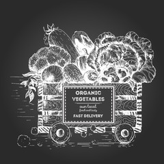 Fast delivery of fresh vegetables. The box on wheels with vegetables. Delivery of organic food. Conceptual image, drawn in ink.
