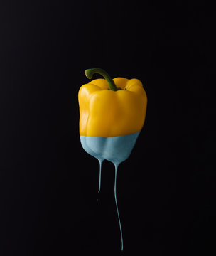 Naklejki Yellow bell pepper with dripping blue paint on dark background.