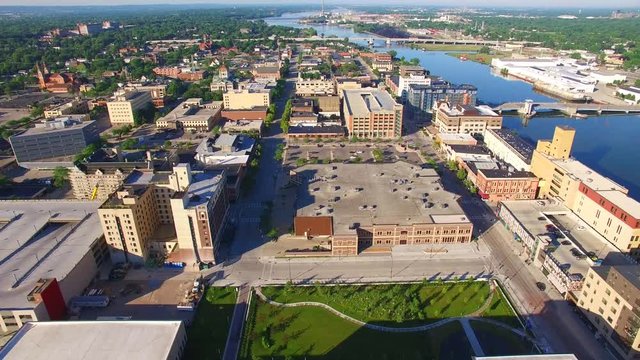 Beautiful downtown Green Bay Wisconsin with Fox River, early on a summer morning.
