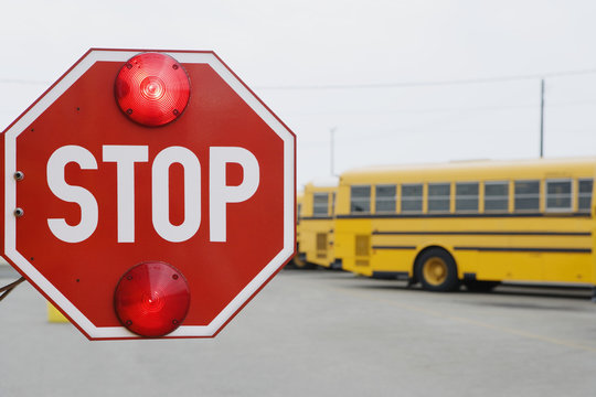 Closeup of a stop sign with school buses parked in the parking lot