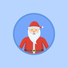 Santa Claus flat round icon on blue background. Christmas vector illustration.