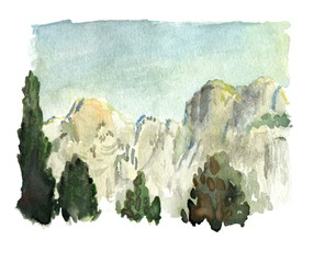 Watercolor landscape with mountains, cypresses