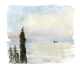 Watercolor morning seascape.Coniferous, cargo ship
