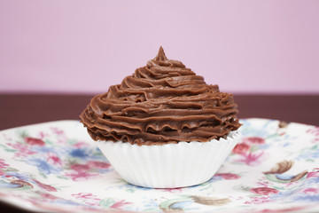 Chocolate cupcake on plate isolated over pink background