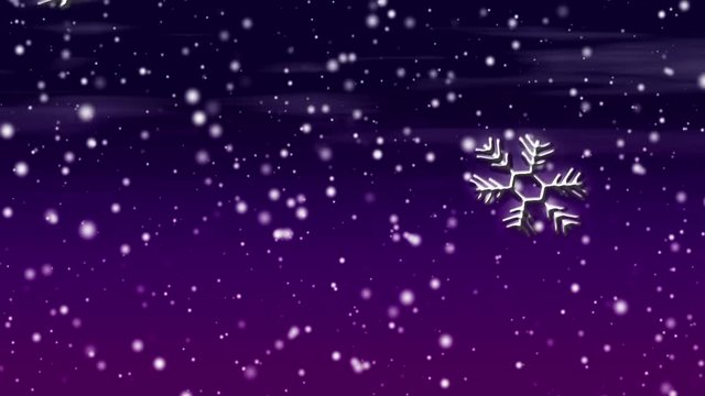 Seamless loop features ornamental snowflakes, some quite large, falling over an abstract background of magenta purple.
