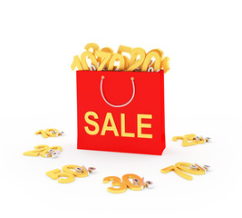 Red shopping bag with golden different percentage discounts inside and around isolated on white background. 3D illustration