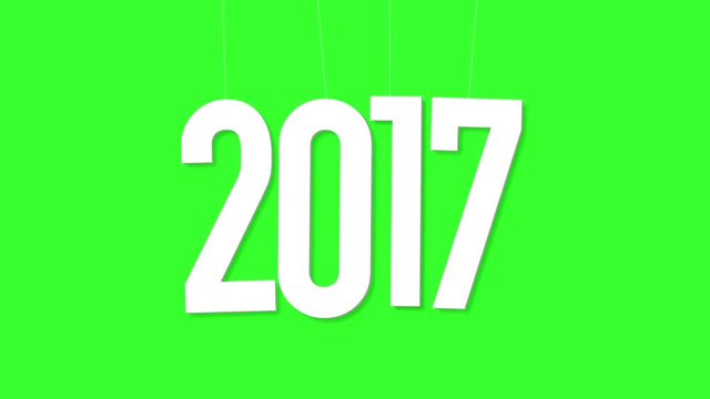 Happy New Year! 2 0 1 7 figures dropping and dangling and wobbling on thin elastic bands from above over green background. 2017 arrival opening or closing flat realistic movement computer animation