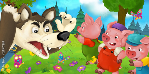 "Cartoon scene with some pigs and wolf - illustration for children ...