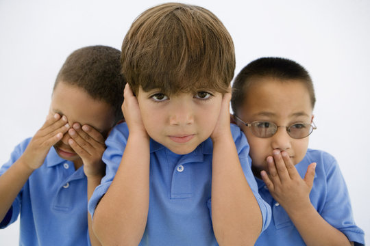 Little boys depicting the phrase "See no evil, Hear no evil, Speak no evil"
