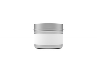 Closed small round tin box on white background with white label 3D illustration