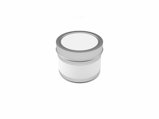 Closed small round tin box on white background with white label 3D illustration