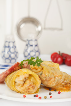 Sauerkraut cabbage rolled and stuffed with rice and minced meat
