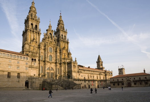 Facade of cathedral seen from Praza do Obradoiro, Santiago de Compostela, Galicia, Spain