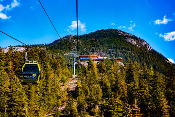 Squamish, BC, Canada - Sept. 22, 2016:  The Sea to Sky Gondola ride, the Summit Viewing Deck and Sky Pilot Suspension Bridge are exhilirating experiences in the shadow of Sky Pilot Mountain peaks. © bullsiphoto