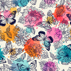 Pattern seamless pattern with butterflies and dahlias. Freehand drawing