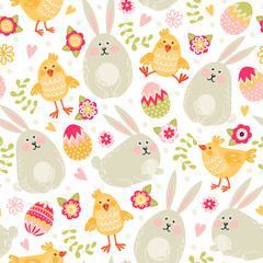 Seamless pattern with rabbits, chickens and eggs. Happy Easter!