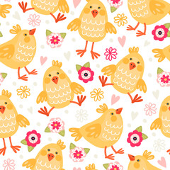 Seamless pattern with chickens and flowers