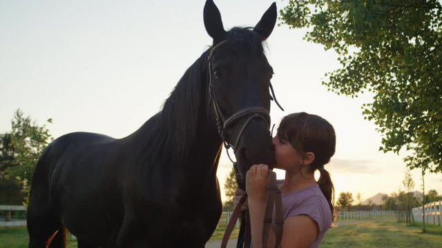 CLOSE UP: Charming happy little girl kissing beautiful big brown horse at sunset