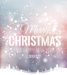 Christmas and New Year typographical on background with winter landscape with snowflakes, light, stars. Xmas card. Vector Illustration