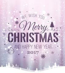 Christmas and New Year typographical on background with winter landscape with snowflakes, light, stars. Xmas card. Vector Illustration