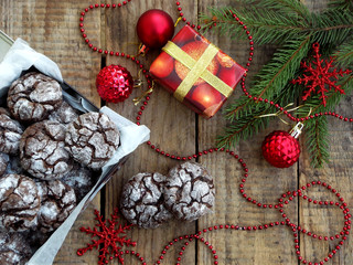 box christmas cookies chocolate with cracks.Decorated with festive decoration. Advent cakes. New Year and Xmas card. Selective focus. Copy space