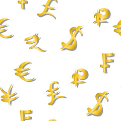 Seamless pattern of main money currency signs same sizes on white. Vector illustration