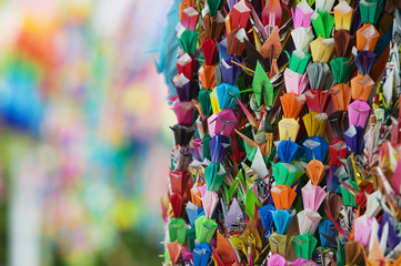 Japan Hiroshima Peace Memorial Park colorful paper cranes close-up