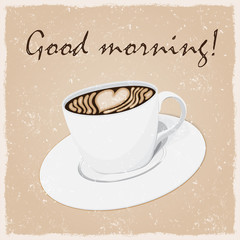 Coffee cup poster with lettering, retro vintage background