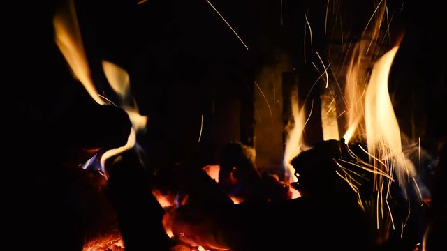 Burning logs of wood in fireplace. Burning fireplace.

