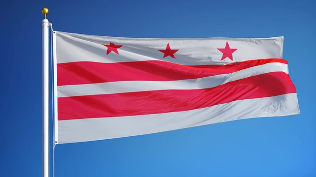 Washington D.C flag waving in slow motion against blue sky, seamlessly looped, close up, isolated on alpha channel with black and white matte, perfect for film, news, composition