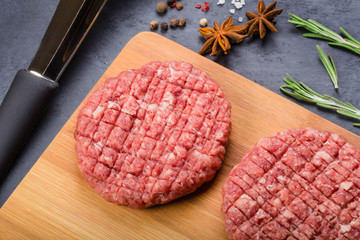 Two beef cutlets on wood plate