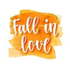 Fall handwritten brush calligraphy and autumn motives. Lettering and hand painted watercolor spot background.