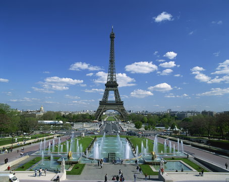 The Eiffel Tower with water fountains, Paris, France