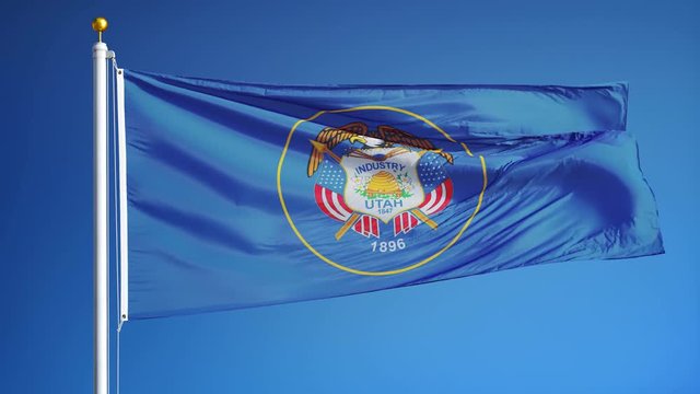 Utah (U.S. state) flag waving in slow motion against blue sky, seamlessly looped, close up, isolated on alpha channel with black and white matte, perfect for film, news, composition