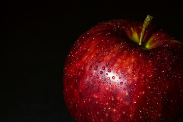wet red apple in drops of water on a black