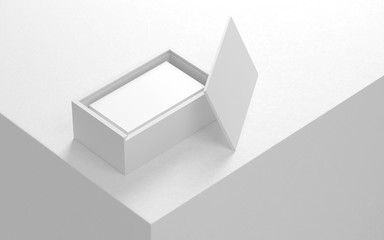 White business cards mockup in wooden box, 3d rendering