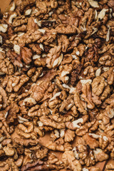 Closeup of big shelled walnuts pile