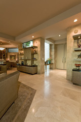 View of a luxury living room wit dining area in the background at home