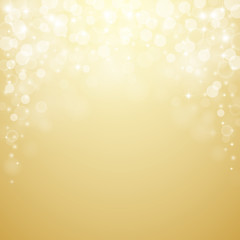 Shiny bokeh lights and falling sparkles on golden background. Vector illustration.