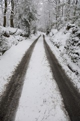 Fototapeta premium Snow covered dirt road in countryside. Kent England.
