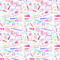 Colorful makeup cosmetic pattern with lettering.