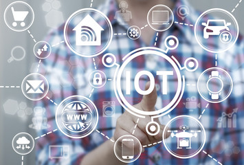 Internet of things (IoT) concept. Businessman presses IoT solution represented by symbol connected...